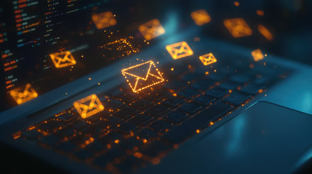 Glowing digital envelopes hover over a laptop keyboard at night, representing email marketing in a virtual space.の素材