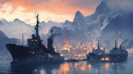 Giant ships at a port, surrounded by mountains and a city skyline glowing in the soft light of sunrise.の素材