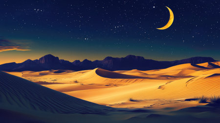 Golden desert at night, crescent moon and stars lighting up the dunes and distant mountains, creating a tranquil scene.の素材