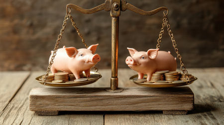 Financial balance portrayed by pigs on one side of a scale and coins on the other, placed on a wooden surfaceの素材