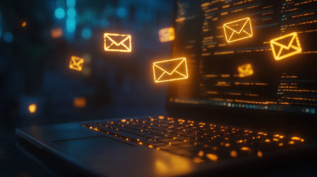 Glowing digital envelopes hover over a laptop keyboard at night, representing email marketing in a virtual space.の素材