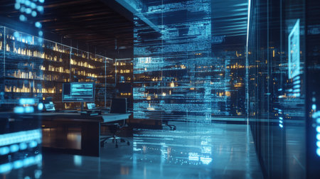 Futuristic AI-driven document digitization in a modern office at night, glowing data showcasing high-tech efficiency.の素材