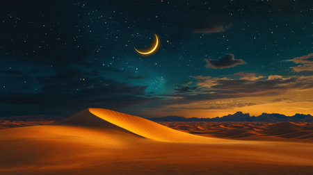 Golden desert nightscape with a crescent moon shining above sand dunes and distant mountains, under a starry sky.の素材