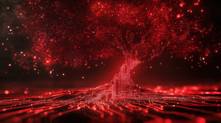 Glowing red abstract tree with circuit board elements running through its structure, symbolizing the digital age of nature.の素材