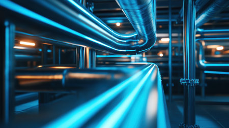Industrial pipes with blue glowing lines in a futuristic factory environment, symbolizing innovation.の素材