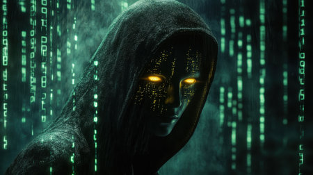 Hooded figure with glowing yellow eyes, surrounded by cascading green Matrix code, against a dark, futuristic background.の素材