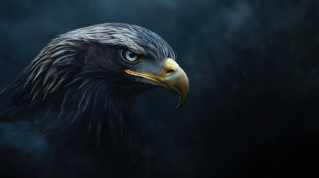 Majestic eagle's head, its golden beak and piercing eyes shining in a dark, misty environment with dramatic light.の素材