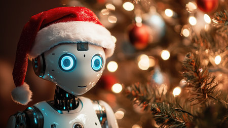 AI robot dressed in a Santa hat, standing next to a Christmas tree, merging cutting-edge technology with holiday traditionsの素材