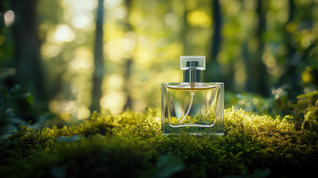 Close-up of perfume bottle set on green moss in a forest, merging luxury and nature allure.の素材