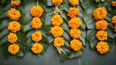 Traditional Indian door garland made of marigold flowers and mango leaves, a symbol of auspiciousness during festivalsの素材