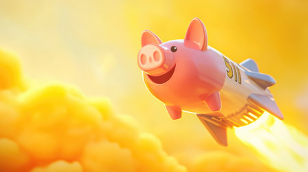 Pink piggy bank on a rocket soaring through the air, with a bright yellow background representing financial acceleration.の素材