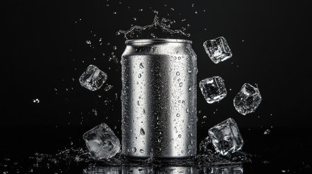 Aluminum can mockup with ice cubes and splashes in mid-air, isolated on a black background, creating a dynamic and refreshing effectの素材