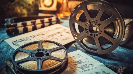 Vintage film reel, clapperboard, and script placed together on a table, representing the creative process of filmmakingの素材