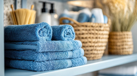 Neatly folded blue towels on a bathroom shelf, adding a touch of color and organization to the spaceの素材