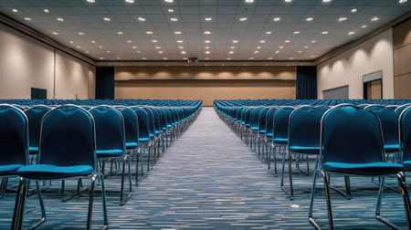 Rear view of an empty conference hall with rows of blue chairs, perfectly aligned, awaiting attendeesの素材