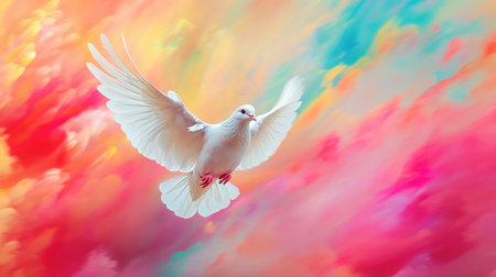 Peaceful dove soaring against a vibrant, colorful background, creating a powerful visual of freedom and hope.の素材