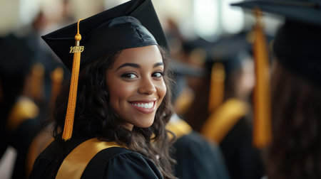 A female graduate in cap and gown, smiling confidently while standing in a crowd of students during a graduation ceremony.の素材