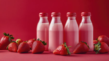 Fresh strawberries and milk bottles, placed on a red background, perfect for a refreshing and healthy concept.の素材