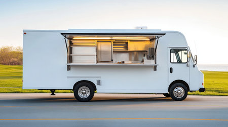 A clean white food truck with an open side door stands ready for service on the roadside.の素材