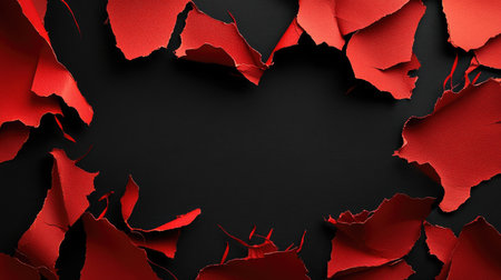 Black background with red torn paper edges, creating a dramatic and eye-catching abstract designの素材