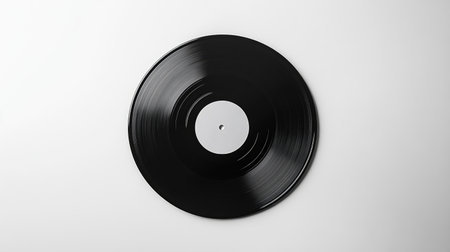 A black vinyl record centered on a white background, ideal for showcasing album artwork or graphic design mockups.の素材