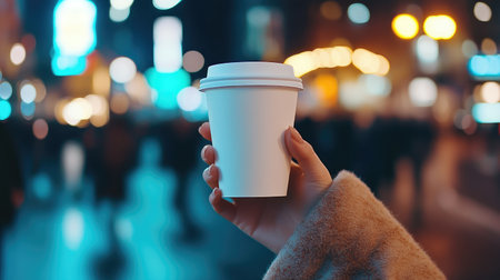 A woman hand holds a blank white coffee cup mockup, with a blurred city street background at evening, perfect for branding.の素材