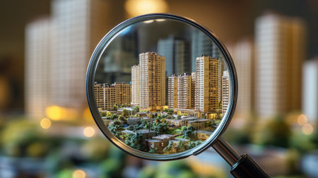 A magnifying glass in the hand of a real estate agent focuses on apartment buildings, highlighting property details.の素材
