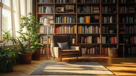 A simple yet elegant living room with modern bookshelves, an armchair, and a warm, inviting atmosphere.の素材