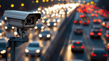 CCTV camera watching over a busy highway, with blurred cars in a traffic jam visible in the background, symbolizing road safetyの素材