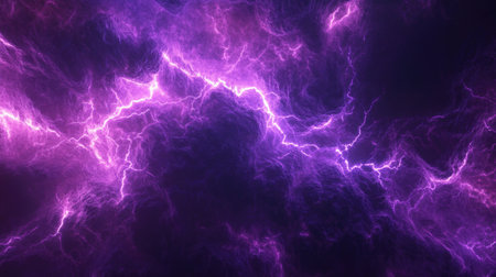 Intense purple lightning flashing through a dark, stormy background, creating an abstract, dramatic scene.の素材