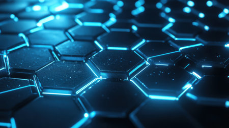Abstract hexagonal grid with glowing blue and white nodes, forming a futuristic, high-tech background for modern design.の素材
