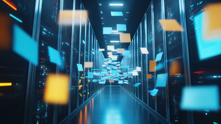 Document digitization powered by AI in a sleek data center, highlighting a paperless transformation and digital archiving solutions.の素材