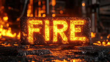 Molten metal text "FIRE" glowing with fiery effects in an industrial setting, symbolizing heat and energy.の素材