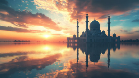Mosque at sunset, mirrored on calm waters with a breathtaking sky, symbolizing peace and serenity.の素材