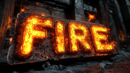 Molten metal text "FIRE" glowing with fiery effects in an industrial setting, symbolizing heat and energy.の素材