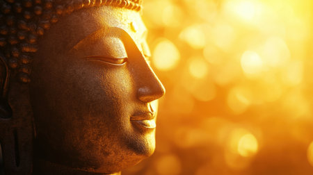 Buddha peaceful face in soft spiritual light, with warm sun rays creating a meditative, contemplative mood.の素材