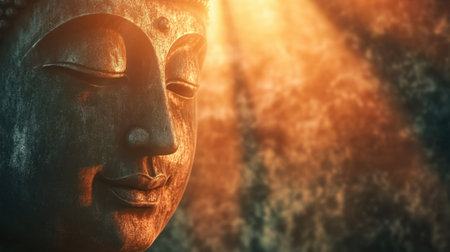 Sun rays gently illuminate a tranquil Buddha face, evoking a peaceful, spiritual atmosphere.の素材