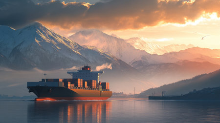 Shipping container port with massive cargo ships against a stunning mountain backdrop and early morning light.の素材