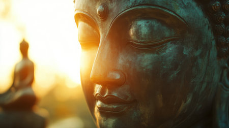 Serene Buddha face bathed in morning light, embodying tranquility and the calm of meditation at sunrise.の素材
