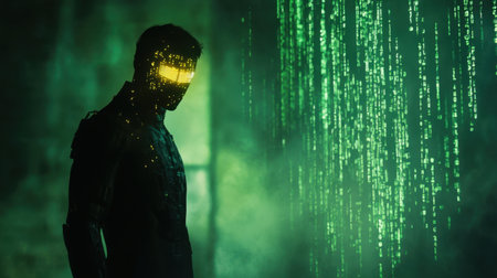 Shadowy figure with glowing yellow eyes, standing amid falling green Matrix code, in a high-tech, futuristic setting.の素材