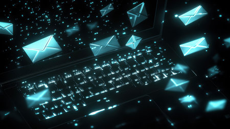 Nighttime email marketing concept with glowing envelopes, laptop keyboard shining in a dark digital space.の素材