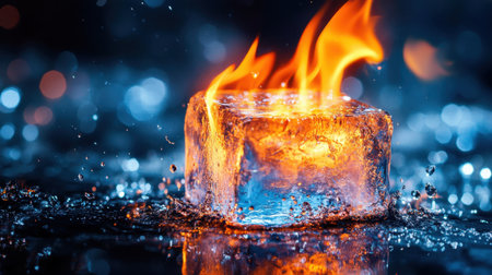 Surreal photo of a fiery ice cube, flames engulfing frozen ice, symbolizing the contrast between heat and cold in a striking visual.の素材