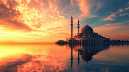 Tranquil mosque reflected on water at sunset, surrounded by a beautiful sky, a symbol of peace and spirituality.の素材