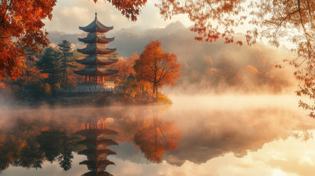Traditional pagoda and autumn trees reflected in a misty lake at sunrise, evoking tranquility in a Chinese landscape.の素材