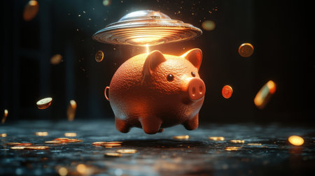 UFO beams coins from a piggy bank, floating in mid-air, set against a dark background. Finance, investments, and space theme. 3D illustration.の素材
