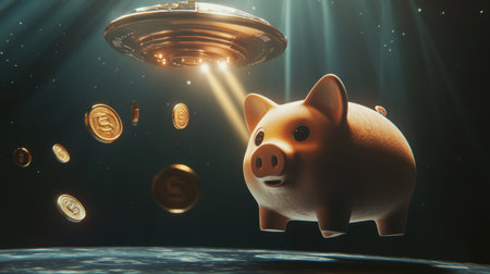 UFO beams coins from a piggy bank, floating in mid-air, set against a dark background. Finance, investments, and space theme. 3D illustration.の素材