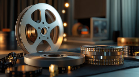 A 3D digital rendering of a film reel and canister, showcasing classic cinema elements, with theatrical movie clips and negativesの素材