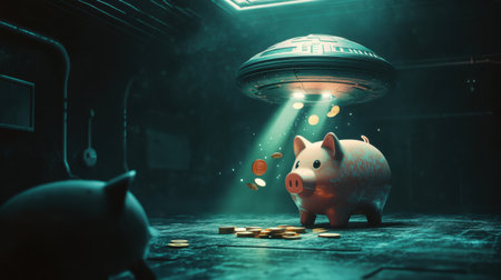 UFO hovers over a piggy bank, beaming up coins in a sci-fi setting. 3D illustration themed around finance, savings, and investments. Dark backdrop.の素材