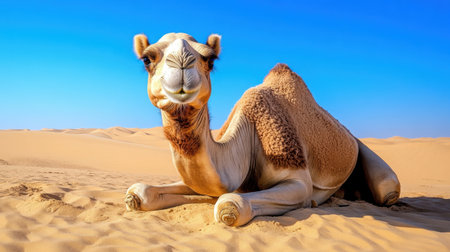 A camel with a quirky smile, resting in the desert sands under the clear blue sky, capturing the joy of the open wildernessの素材