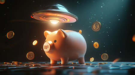 UFO hovers over a piggy bank, beaming up coins in a sci-fi setting. 3D illustration themed around finance, savings, and investments. Dark backdrop.の素材